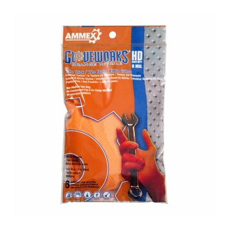 Gloveworks By Ammex Disposable Gloves, 6 mil Palm, Nitrile, Powder-Free, OneSize, Orange GWHD6PKORG